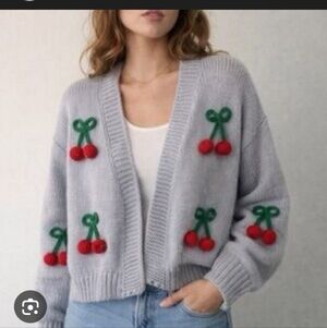 LUNA IVY Chunky Cherry Knit Open Front Sweater - Small